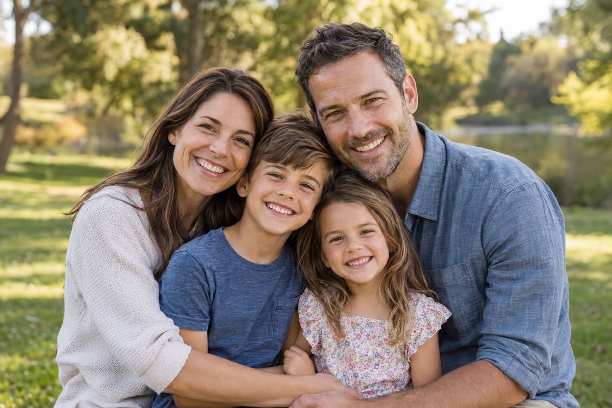 Smiling family of four hugging outdoors in a sunny park